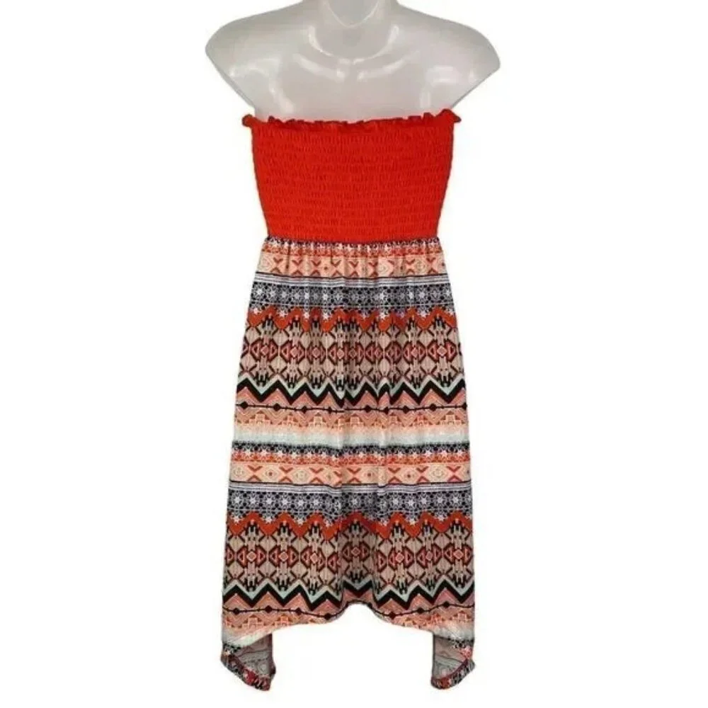 B&B BOUTIQUE WOMEN'S STRAPLESS ELASTIC TOP FLOWY AZTEC PRINT‎ DRESS MEDIUM-EUC
